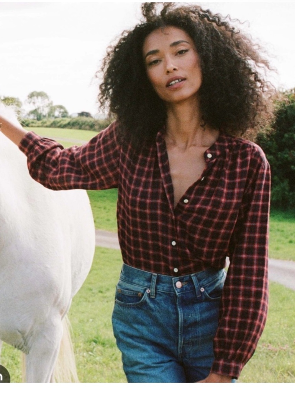 NWT Doen Breena Countryside Plaid Button Up Down Shirt in Black and Red